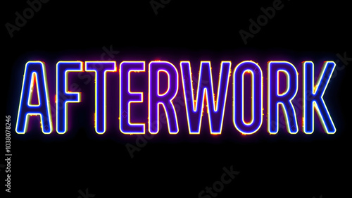 Afterwork text in bold neon letters. Featuring a mix of gold, purple and blue tones. The text has symmetrical patterns and includes embedded geometric shapes, Generative AI