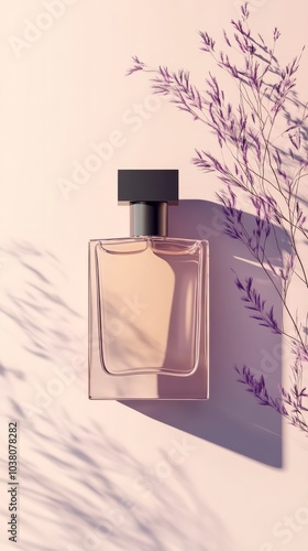 Serene Perfume Still Life: Elegant perfume bottle with delicate lavender sprigs, bathed in soft sunlight, creating a calming and sophisticated aesthetic. 