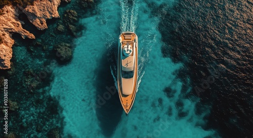 Luxury yacht cruising through clear turquoise waters near rocky coastline dur...