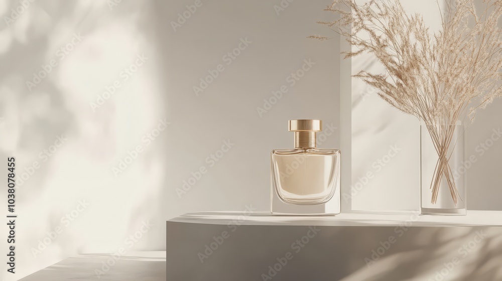 Perfume Bottle Minimalism: A sleek perfume bottle takes center stage on a pristine white platform, bathed in soft, natural light. Dried pampas grass adds a touch of organic texture and elegance. Perfume Bottle Minimalism: A sleek perfume bottle takes center stage on a pristine white platform, bathed in soft, natural light. Dried pampas grass adds a touch of organic texture and elegance.