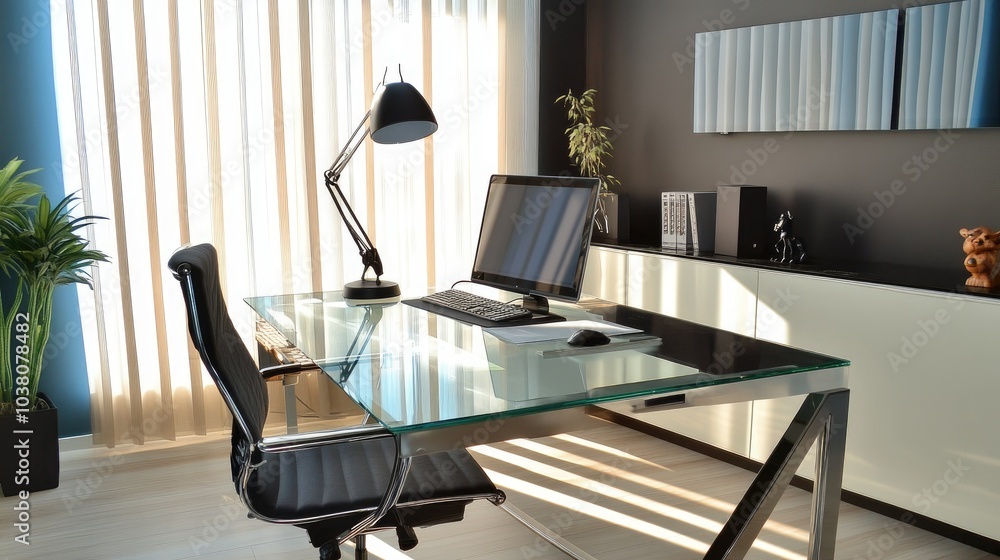 A modern office with a glass desk, comfortable office chair, wireless tech, and trendy decorative elements, creating a sleek, efficient workspace. A modern office with a glass desk, comfortable office chair, wireless tech, and trendy decorative elements, creating a sleek, efficient workspace.