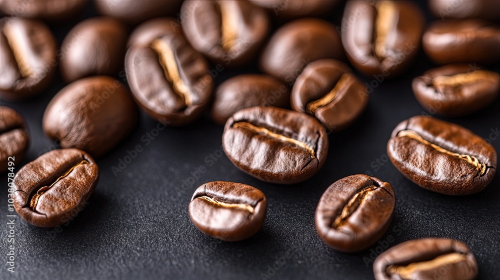 A close-up of coffee beans against a dark background, showcasing their intricate texture and rich color, with soft lighting that highlights their unique features in an elegant macro composition. A close-up of coffee beans against a dark background, showcasing their intricate texture and rich color, with soft lighting that highlights their unique features in an elegant macro composition.
