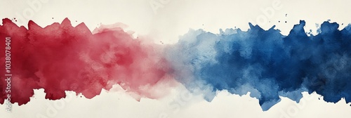 Abstract watercolor design featuring red and blue hues with subtle splashes a...