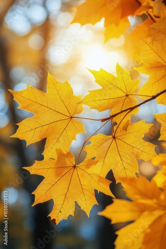 Bright yellow maple leaves illuminated by soft sunlight in a serene forest du...