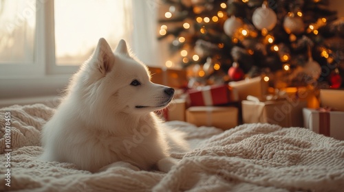A fluffy white dog relaxes near a decorated Christmas tree and wrapped gifts ...