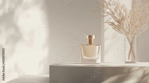 Wallpaper Mural Perfume Bottle Minimalism: A sleek perfume bottle takes center stage on a pristine white platform, bathed in soft, natural light. Dried pampas grass adds a touch of organic texture and elegance. Torontodigital.ca