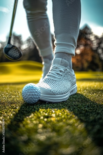 Golfer preparing to drive a golf ball while wearing white athletic shoes on a...