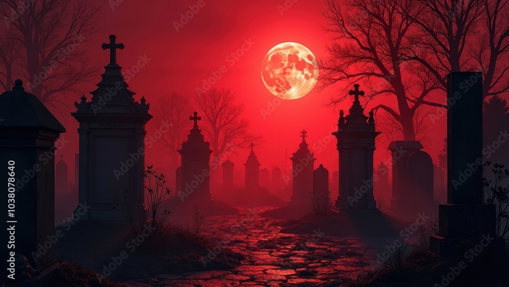 Fototapeta premium Eerie Graveyard Under a Blood Moon
