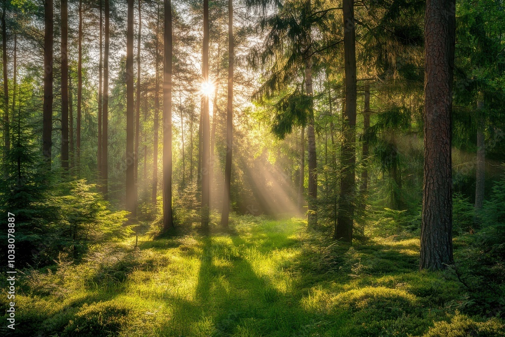 Obraz premium sun rays in the forest of green area