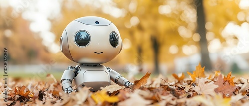 Cute robot among colorful autumn leaves, smiling in a serene outdoor setting. photo