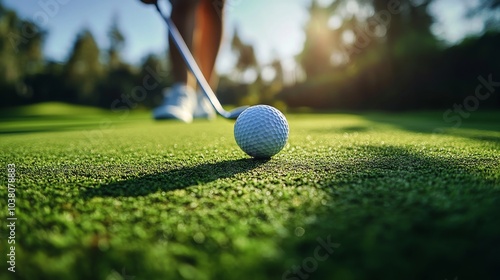 A golfer prepares to drive a ball during sunset at a lush green golf course