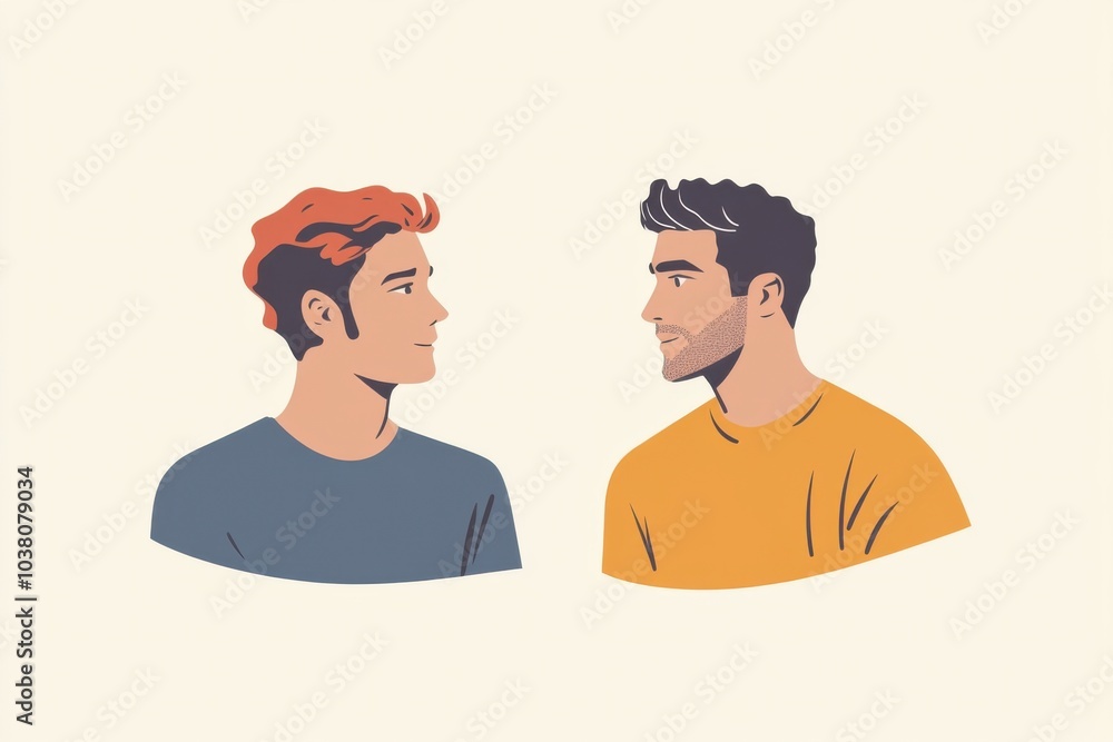 Minimalistic illustration of two men facing each other in a simple design Minimalistic illustration of two men facing each other in a simple design