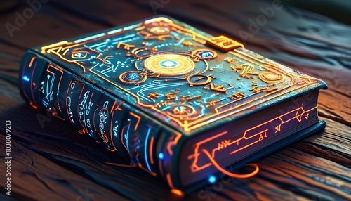 Neon-coated book with glowing runes and circuitry photo