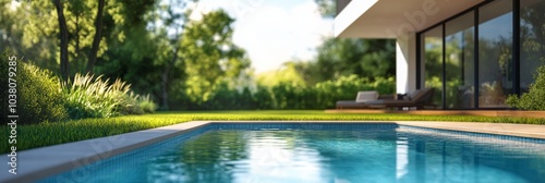 A serene sunset view over a tranquil swimming pool in a beautiful garden