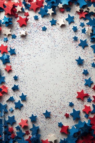 Festive arrangement of red white and blue stars with glitter for a celebratio...