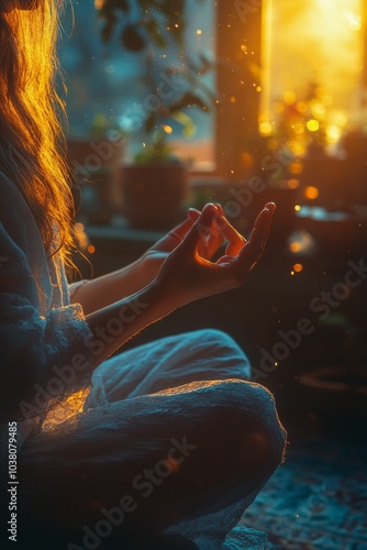 A person practicing meditation in soft morning light with serene surroundings...