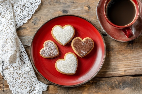 Warm coffee with heart shaped cookies on wooden table setting decorated with ...