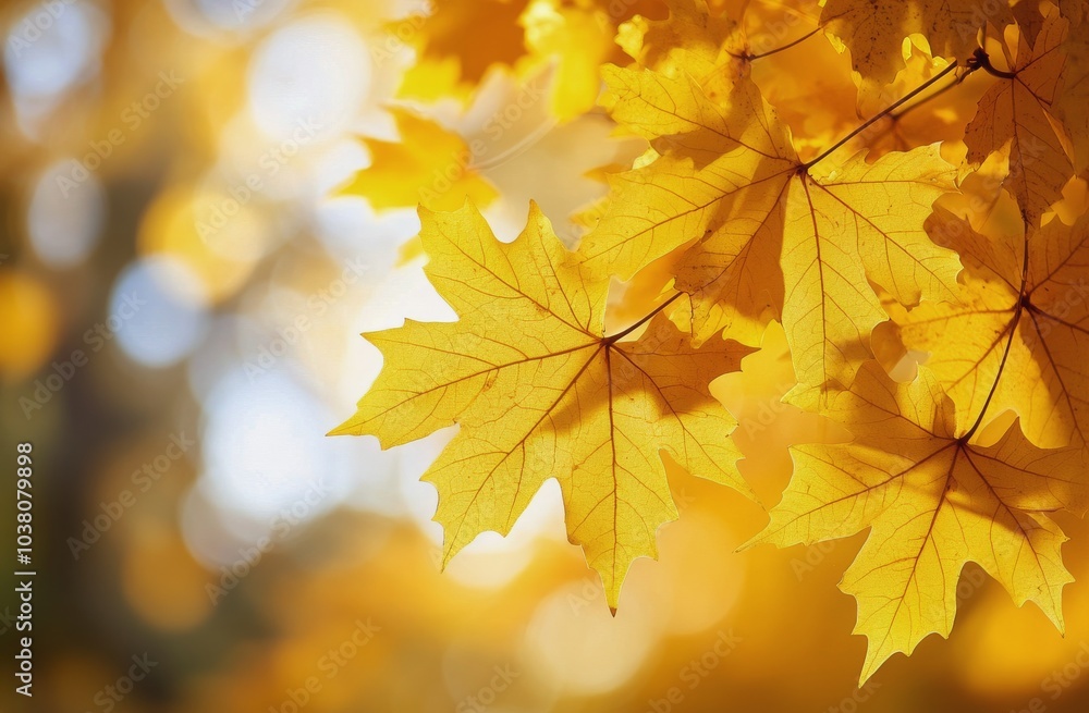 Bright yellow maple leaves illuminated by warm autumn sunlight in a serene natural setting Bright yellow maple leaves illuminated by warm autumn sunlight in a serene natural setting