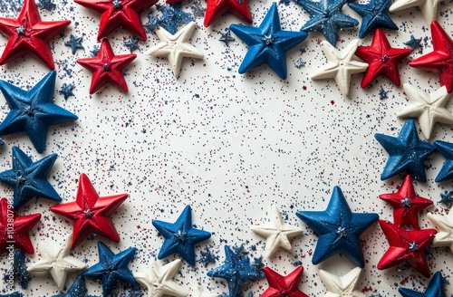 Red, white, and blue star decorations arranged on a white background for a fe...