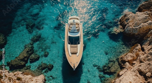 Luxury yacht cruising through clear turquoise waters near rocky coastline dur...