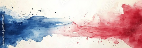 Abstract watercolor design featuring red and blue hues with subtle splashes a...