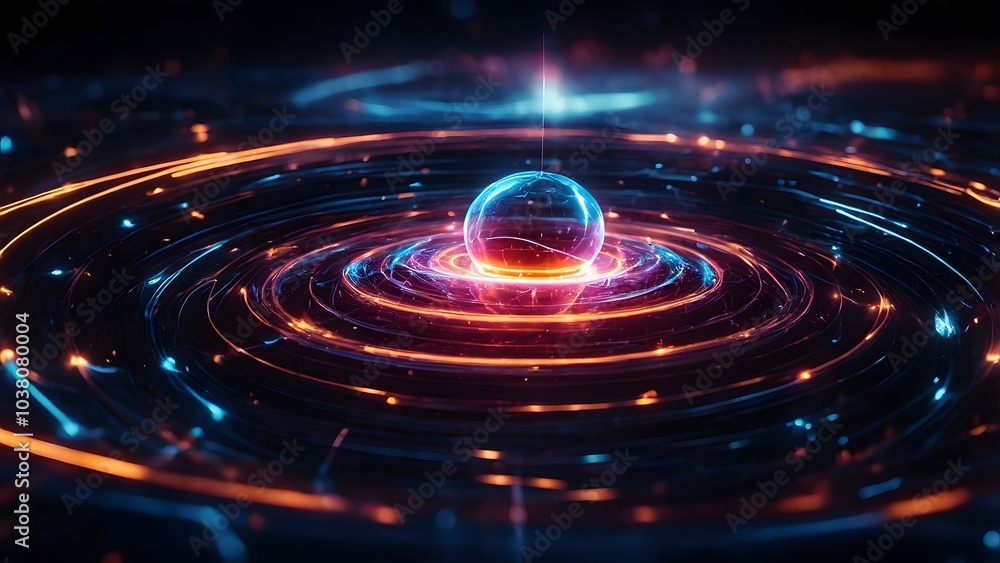 Colorful Abstract Design of a Glowing Sphere Surrounded by Concentric Light Waves in a Dark Environment Colorful Abstract Design of a Glowing Sphere Surrounded by Concentric Light Waves in a Dark Environment