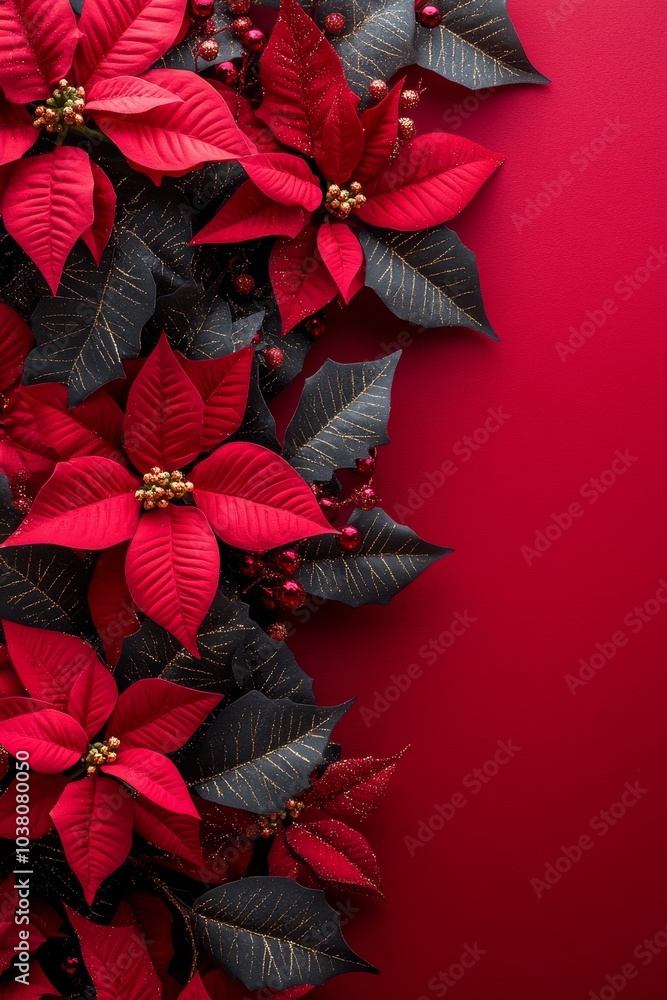 Obraz premium Festive arrangement of red poinsettias and holiday decorations on a vibrant red background