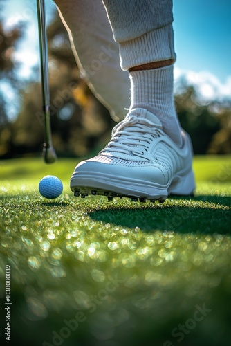 Golfer preparing to drive a golf ball while wearing white athletic shoes on a...