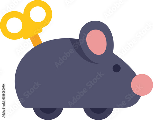 Simple, colorful vector illustration of a classic toy mouse with wheels and a visible winding mechanism