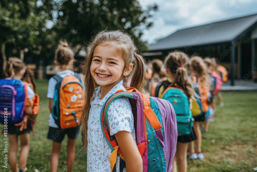 Smiling girl with backpack on school day Smiling girl with backpack on school day