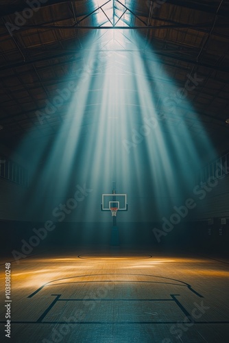 Light streaming into an empty basketball court creating a dramatic atmosphere
