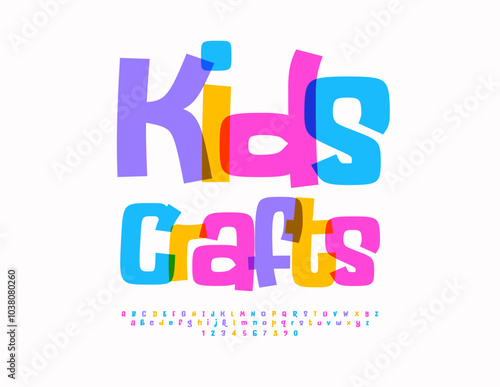 Vector playful logo Kids Crafts. Playful Colorful Font. Funny Bright Alphabet Letters and Numbers set.