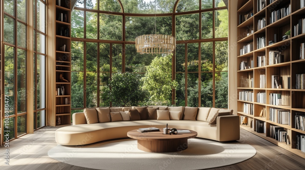 Modern living room with large windows, curved sofa, and bookshelves Modern living room with large windows, curved sofa, and bookshelves
