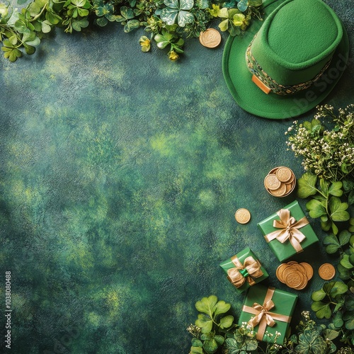 Festive green gifts and decorations with coins and clovers for celebration at...