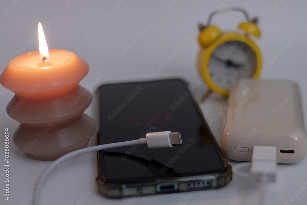 A burning candle and a discharged mobile phone near a power bank and a mechanical watch. Scheduled power outages due to the war in Ukraine A burning candle and a discharged mobile phone near a power bank and a mechanical watch. Scheduled power outages due to the war in Ukraine