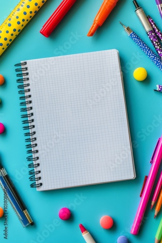 Colorful stationery items arranged around a blank notepad on a bright blue ba...