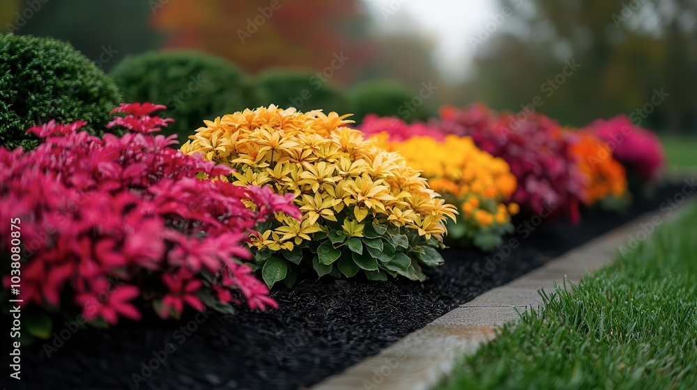 Naklejka premium Vibrant flower garden with colorful blooms on a misty day.
