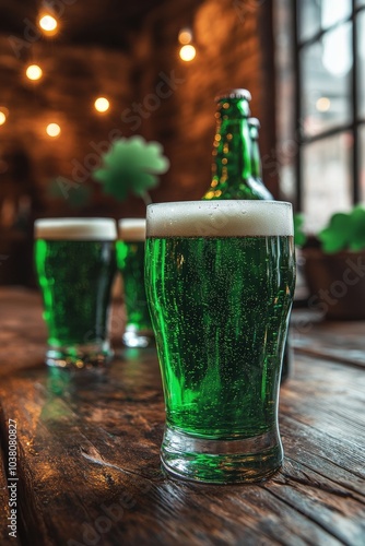 Glass of green beer with bubbles on wooden table at a festive gathering in th...
