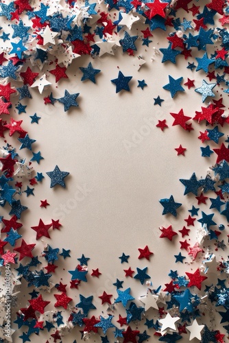 Festive arrangement of red white and blue stars with glitter for a celebratio...