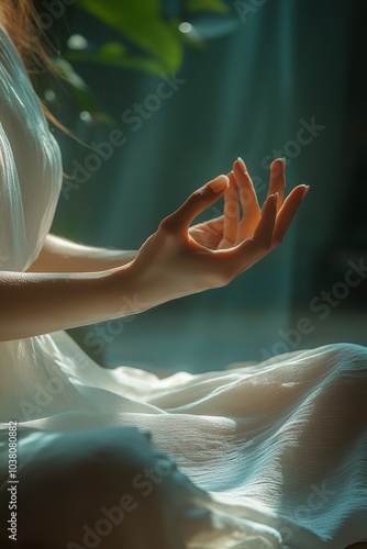 A person practicing meditation in soft morning light with serene surroundings...
