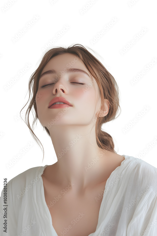 A minimalist portrait of a serene woman, white background, soft lighting, neutral expression A minimalist portrait of a serene woman, white background, soft lighting, neutral expression