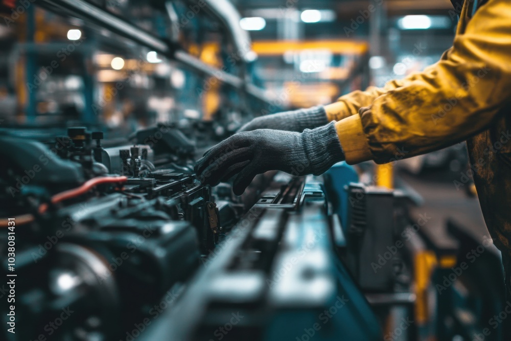 Worker assembling machinery in industrial factory Worker assembling machinery in industrial factory