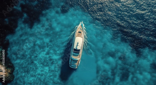 Luxury yacht cruising through clear turquoise waters near rocky coastline dur...