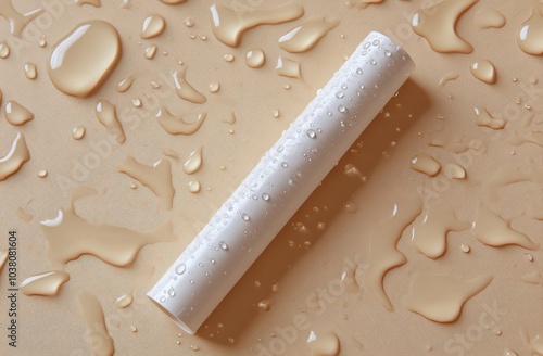A white chalk stick resting on a smooth surface with droplets of water scatte...