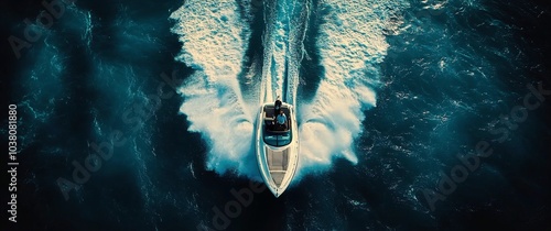 Fast motorboat navigating through turquoise waters during daylight in a coast...