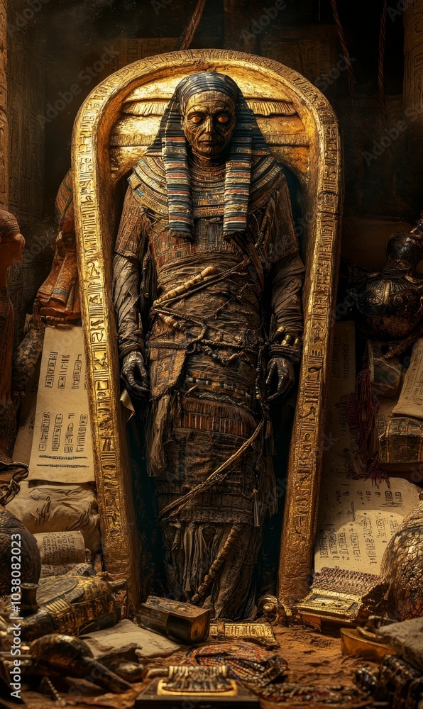Obraz premium Golden Pharaoh mummy in a tomb with hieroglyphics.