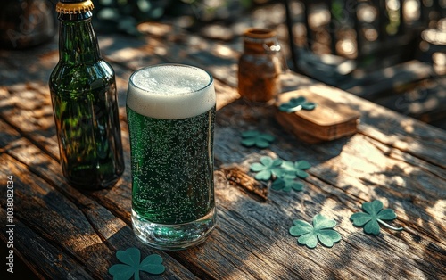 A refreshing green beverage sits on a wooden table with shamrock decorations ...