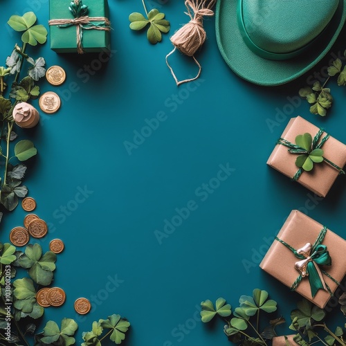 Festive green gifts and decorations with coins and clovers for celebration at...