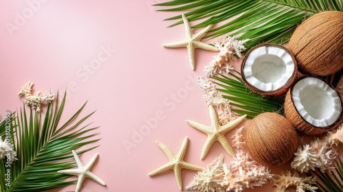 Coconuts and starfish arranged on a pink background with palm leaves for a tr...