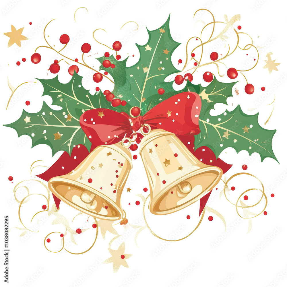 Golden Christmas bells adorned with red bow and holly leaves, isolated on a white background. Evokes festive spirit, holiday celebration, and traditional Christmas decoration.
Golden Christmas bells adorned with red bow and holly leaves, isolated on a white background. Evokes festive spirit, holiday celebration, and traditional Christmas decoration.